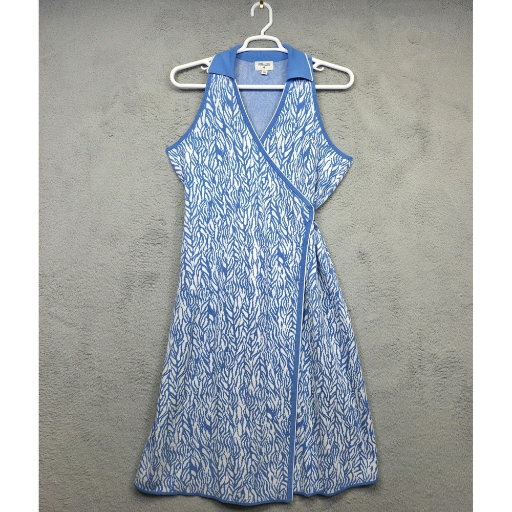 Diane Von Furstenberg Wrap Dress Womens 2XL Blue White Collar Knit Back Tie Midi